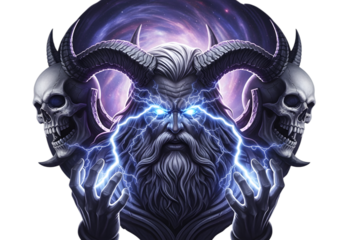 Powerful demonic entity with glowing blue eyes, horns, and skulls, emanating lightning and dark energy isolated on transparent background