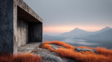 Modern architectural structure sits on rocky landscape, surrounded by vibrant orange grass. scene features serene view of distant mountains and calm body of water, creating tranquil atmosphere