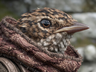 Detailed close up of bird with intricate feather patterns, wearing textured, rustic scarf. bird eye is expressive, showcasing blend of curiosity and wisdom, set against blurred natural background