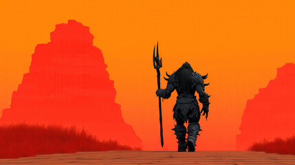 Dark warrior stands on path, holding spear, silhouetted against vibrant orange sunset. landscape features towering red mountains, creating dramatic and intense atmosphere