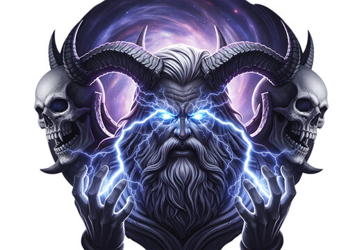 Powerful demonic entity with glowing blue eyes, horns, and skulls, emanating lightning and dark energy isolated on transparent background