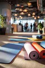 Morning in a bright coworking lounge with yoga mats and calm music A group of people finishes a gentle yoga session before starting work