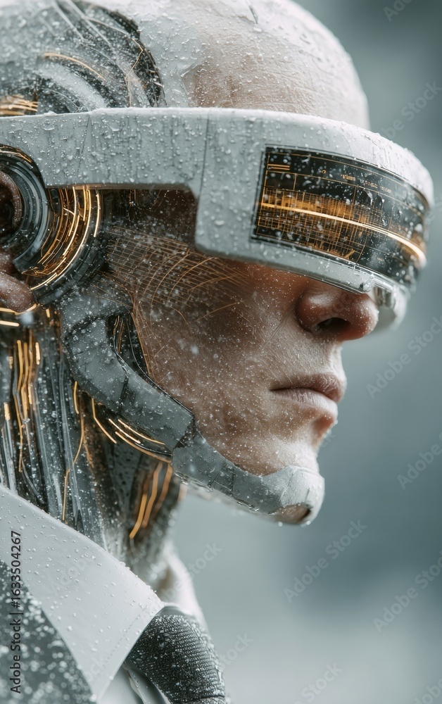 Poster futuristic high-quality robot in rain with advanced ai helmet modern tech innovation for professiona