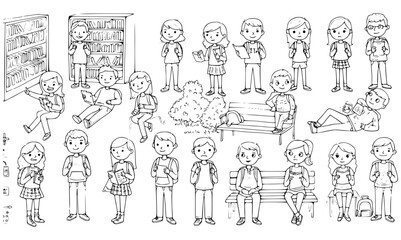 Students in Library  Park: Line Art Illustration with Readers, Bookshelves, Benches, Trees, and Backpacks. Black  White Study Scene.