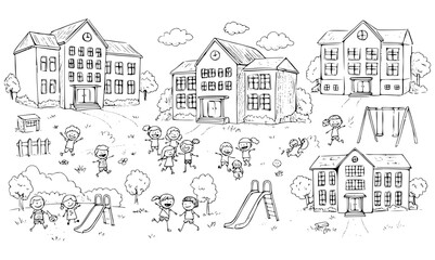 Hand-drawn illustration of children playing joyfully around multiple school buildings, complete with playground equipment like swings and slides, set in a lively outdoor campus scene.