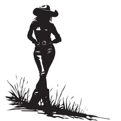 Cool Female Cowboy Silhouette Leaning Against Wall Stylish Western Vector Illustration