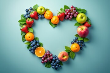 Heart shaped arrangement of fresh fruits on a blue background for healthy eating