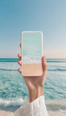 Modern Smartphone Showing Beach View with Calm Waves Premium Authentic Lifestyle Content for Travel Marketing and Social Media Campaigns