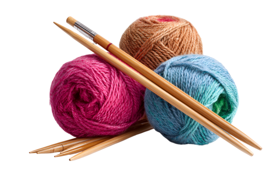 Three balls of yarn and knitting needles isolated on transparent background