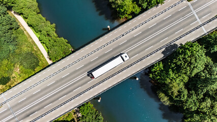 Bridge over canal with truck aerial drone view, dutch landscape, transportation concept, the...