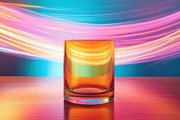 Amber glass tumbler on a colorful surface.