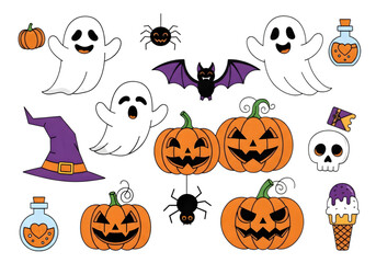 Cute halloween characters and symbols including ghosts, pumpkins, bat, spider, skull, witch hat, potion, and ice cream isolated on transparent background