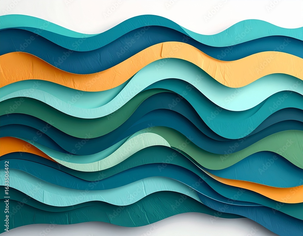 Poster abstract layered waves with gradients of blue, green, and orange create a dynamic and modern visual.
