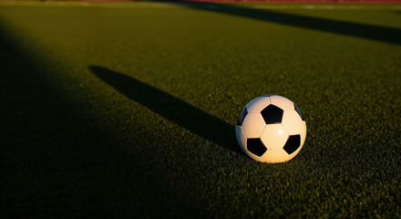 Soccer ball on green grass field with shadow and lighting. Football sport equipment for athletic training and sports facility promotions