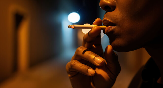 Person smoking cigarette at night with warm lighting creating atmospheric mood. Tobacco addiction and health awareness concept for smoking cessation and lifestyle change programs