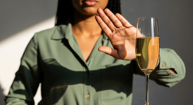 Woman refusing champagne glass with hand gesture showing alcohol rejection. Sobriety choice and addiction recovery for healthy lifestyle and wellness decision making