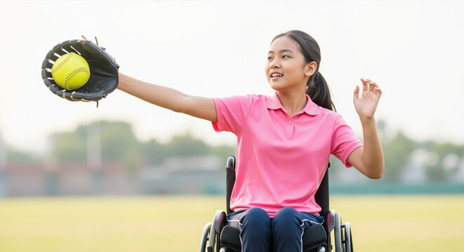 Woman in wheelchair holding softball glove with ball on sports field showing athletic ability. Adaptive sports and disability athletics for inclusion and competitive recreation