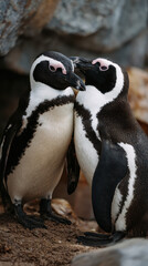 Obraz premium Two Penguins Preening Each Other Natural Light