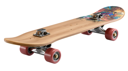 Wooden skateboard with red wheels isolated on transparent background