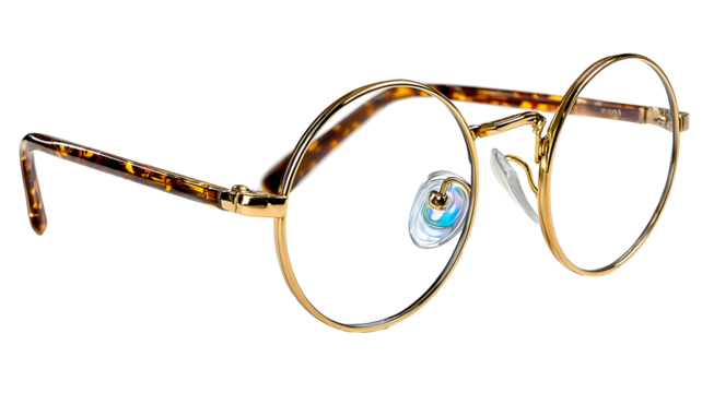 Stylish gold rimmed eyeglasses with tortoiseshell pattern arms isolated on transparent background