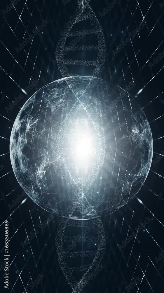 Poster loop glowing sphere cyber space with dna chain vertical animation.