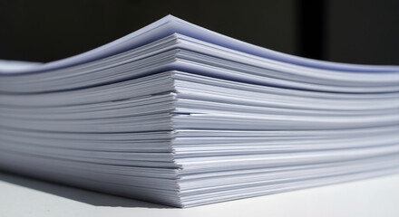 Stack of white papers and documents piled neatly on desk surface. Office paperwork and administrative tasks for business services and document management promotions