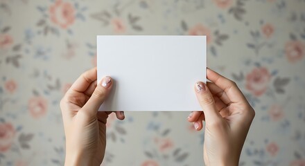 女性の手が白い紙を握る 花柄背景