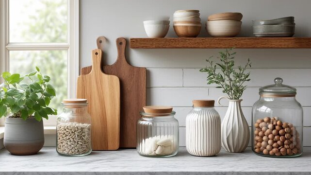 Minimal Kitchen with Glass Containers, Wooden Elements, and Plants for Natural, Eco Friendly Aesthetic and Clean Atmosphere