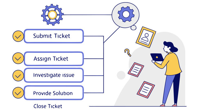 Visualizing the customer support ticket resolution process from submission to closure with a workflow diagram and a person interacting with the system