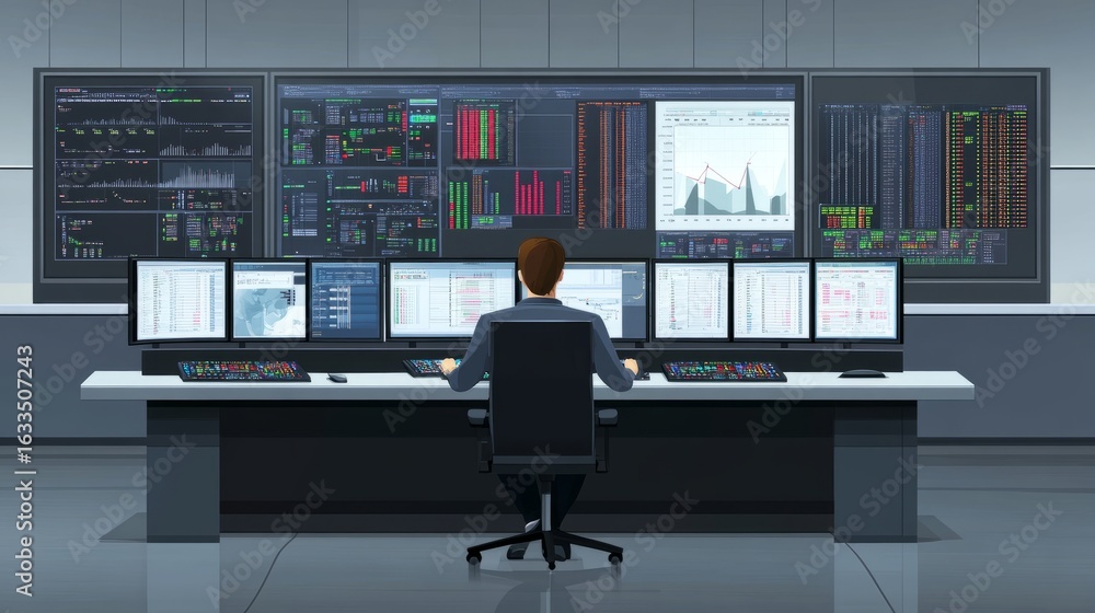 Poster system control room with technical operator monitoring multiple displays showing data visualizations