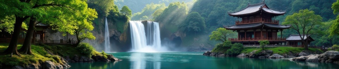 Fototapeta premium Ancient wooden pagoda beside cascading waterfall, water, architecture