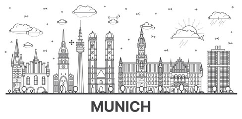 Obraz premium Outline Munich Germany city skyline with modern and historic buildings isolated on white. Illustration. Munich cityscape with landmarks.