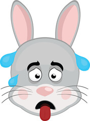 vector illustration emoticon character face rabbit rodent animal, exhausted with his tongue out and drops of sweat on his head