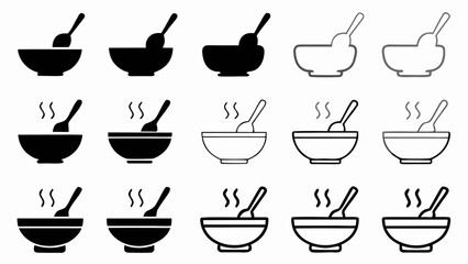 Collection of bowls with spoons in various styles and some with steam indicating hot food inside them silhouette