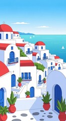 Obraz premium Illustration of Mediterranean Architecture with Blue Doors and Terracotta Roofs by the Sea