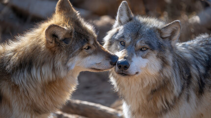 Fototapeta premium Two Wolves Interacting Natural Light Clean Background