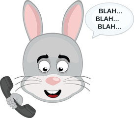 vector illustration emoticon character face rabbit rodent animal, talking on the phone and a speech bubble with the text blah