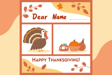 Fototapeta premium Whimsical thanksgiving card design featuring a cartoon turkey pumpkin and festive autumnal elements for a personalized greeting