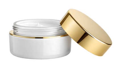 Elegant cosmetic cream jar with golden lid isolated on transparent background, a symbol of luxury skincare and beauty, perfect for antiaging and nourishment