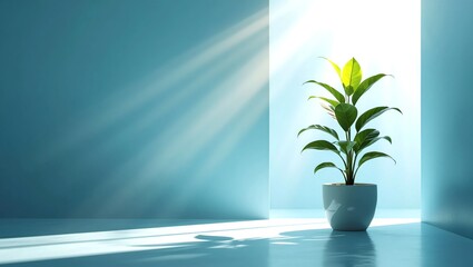 A minimalist interior design image that showcases a serene setting with a single plant receiving sunlight, The plant should be positioned on the right side of the frame