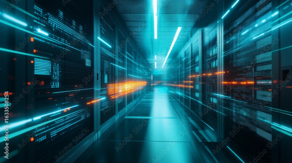 Poster high-speed internet lan cable connected in modern data server room with secure network technology fo