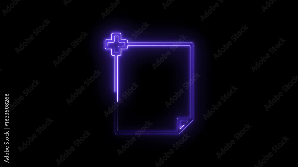 Poster glowing neon purple plus sign icon overlay on document page symbol with transparent background for d