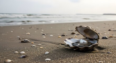 Open oyster shell with a pearl on a sandy beach with the sea in the background