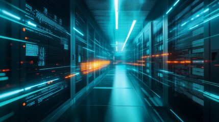 Obraz premium High-speed internet lan cable connected in modern data server room with secure network technology for information storage, cloud computing, and digital data transmission infrastructure