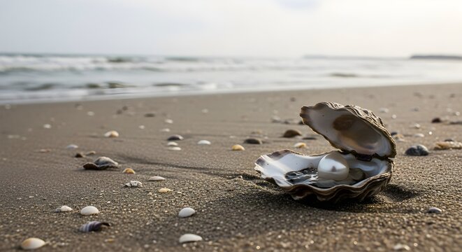 Open oyster shell with a pearl on a sandy beach with the sea in the background