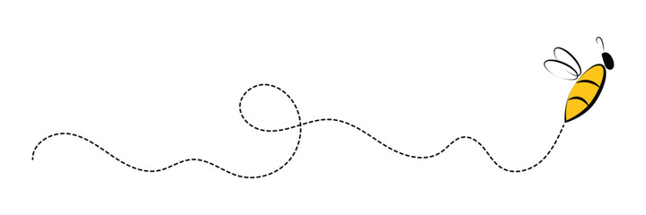 Cartoon bee icon set. Bee flying on a dotted route isolated on the white background. Vector illustration in eps 10.
