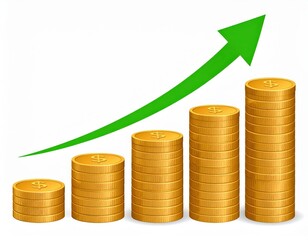 Rising Golden Coin Stacks with Upward Green Arrow on White.
