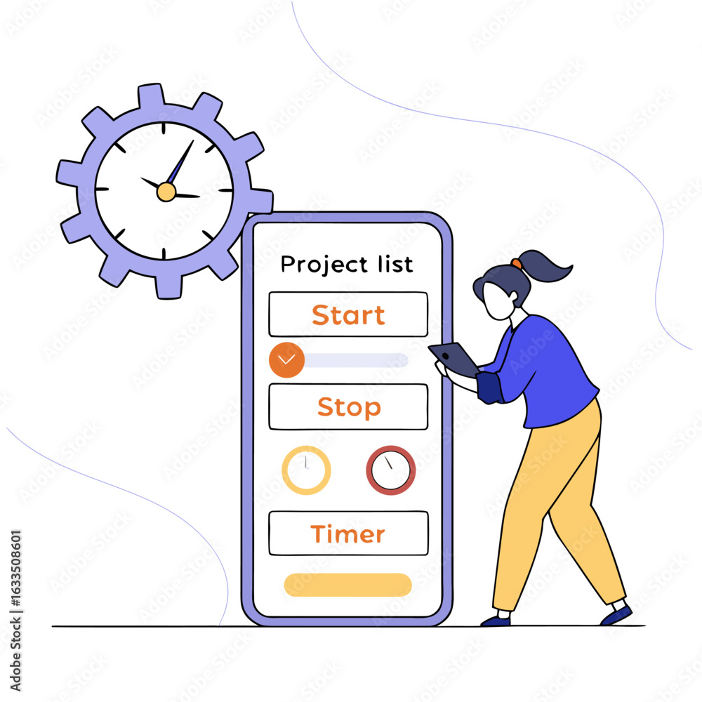 Aufkleber woman managing project tasks on a smartphone with start stop and timer functions alongside a stylize
