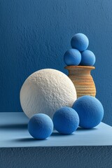 Abstract still life featuring blue and white spheres arranged with an earthenware vase.