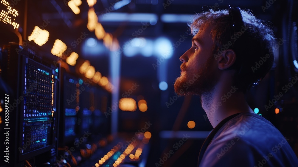 Aufkleber it specialist working on computer in dark bitcoin and cryptocurrency mining farm with rows of server